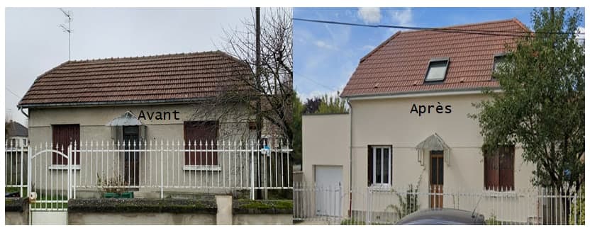 Avant / après : transformation de la façade sur rue à Pont-Sainte-Marie, de la maison d’origine à la toiture rehaussée et à la façade rénovée.